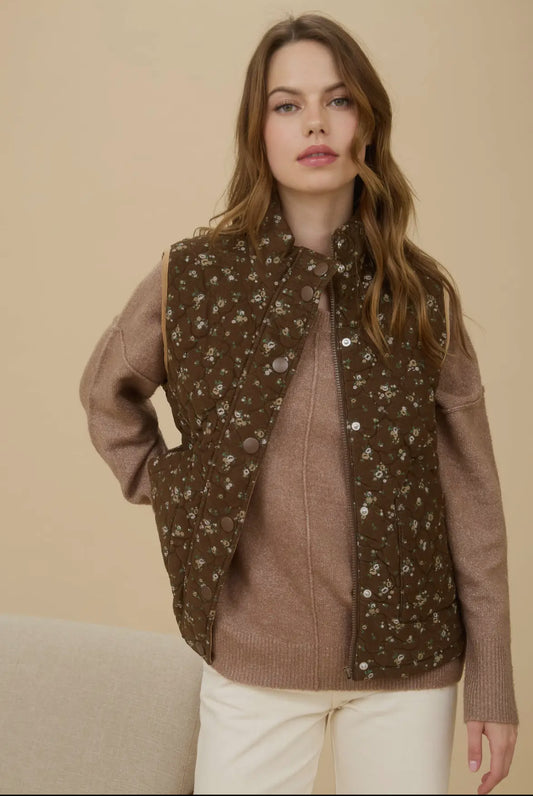 Letty Brown Floral Quilted Vests