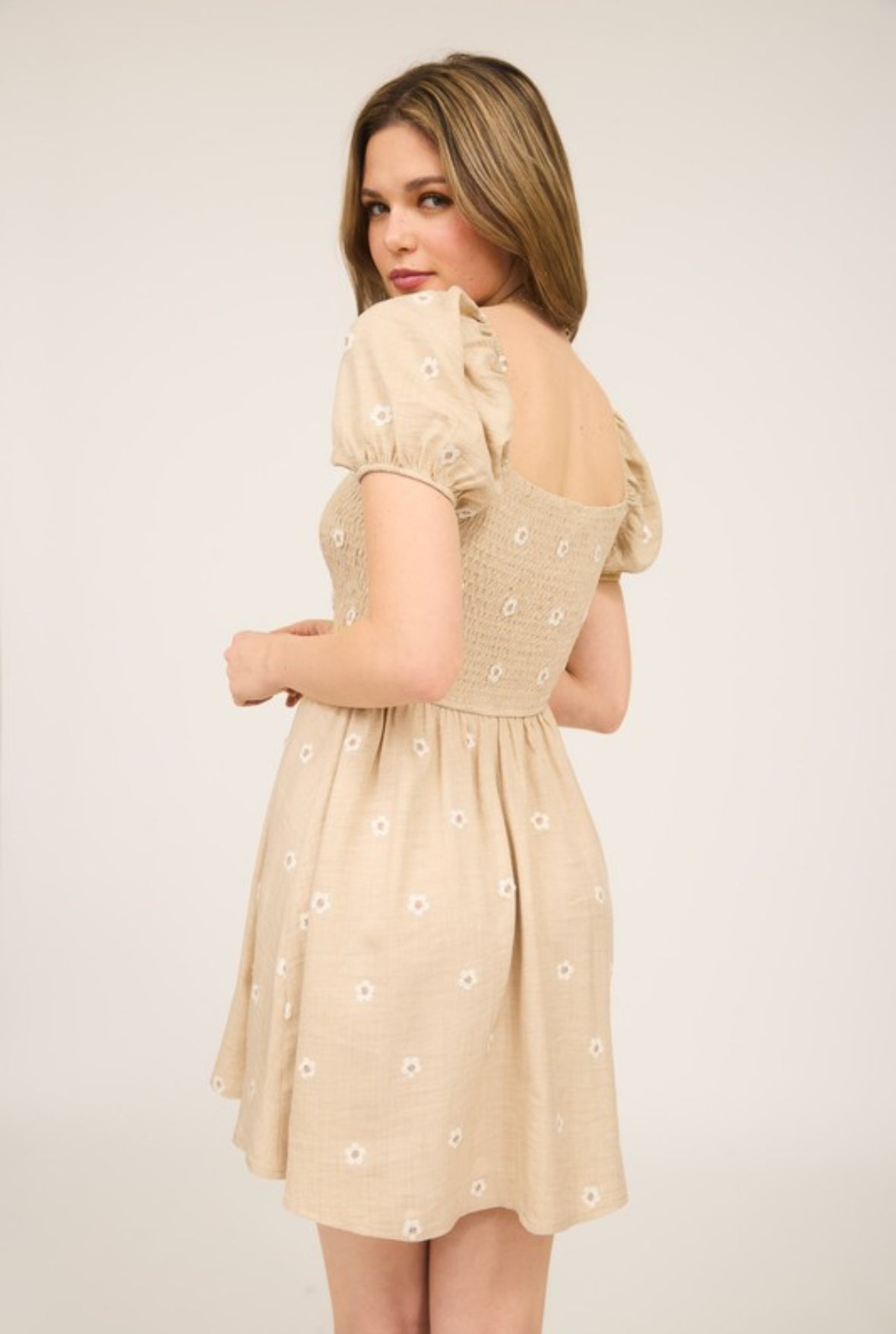 Cecilia Daisy Embroidered Smocked Babydoll Mini Dress, Taupe