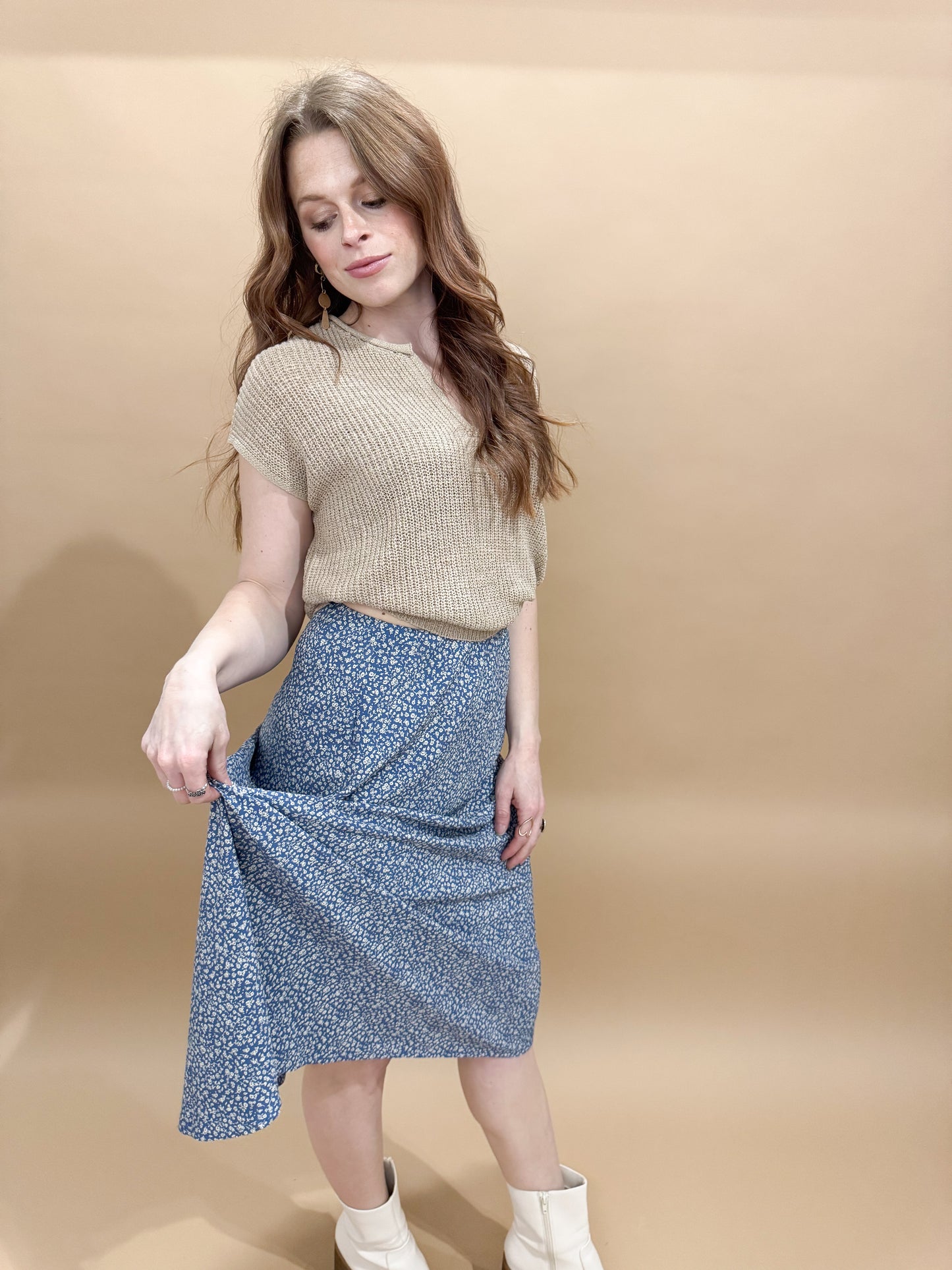 Belle Split Neck Short Sleeve Knit Pullover, Light Khaki