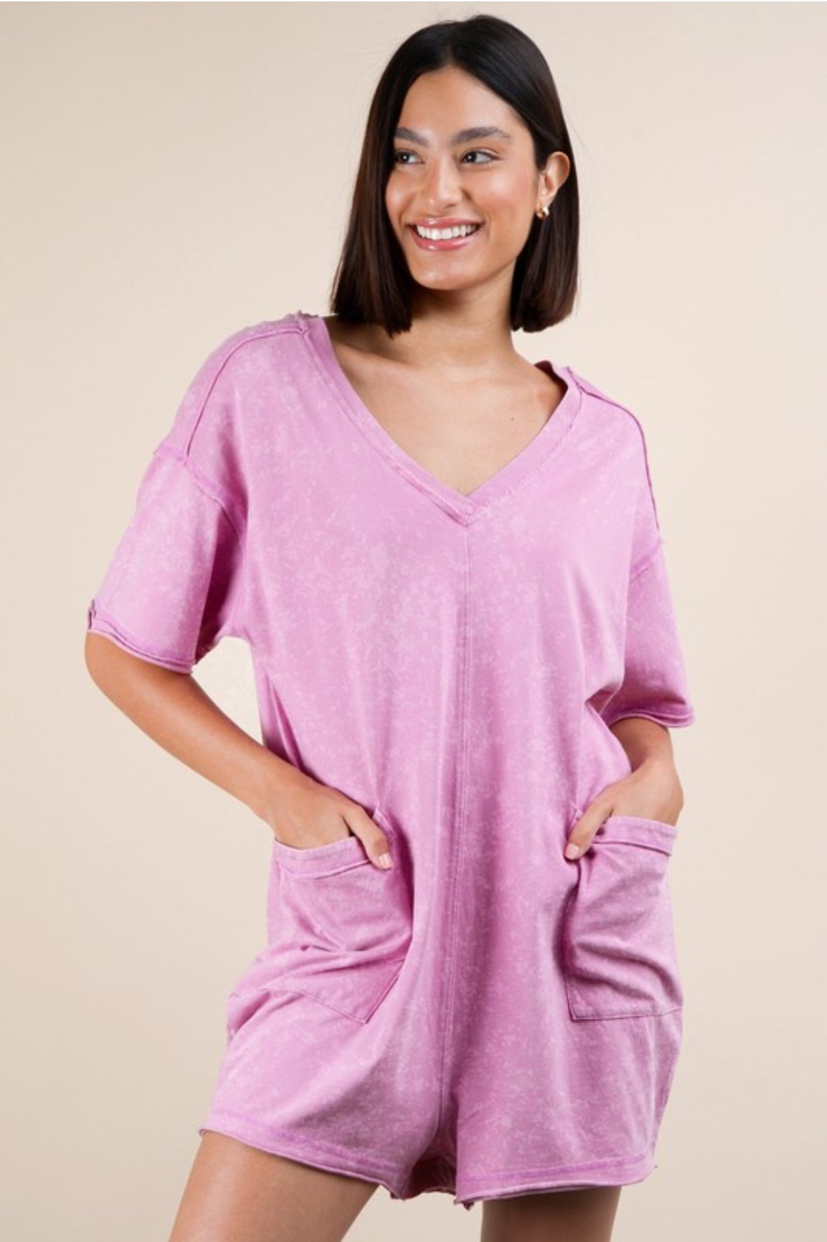 Collie Mineral Washed Oversized Knit Romper, Orchid