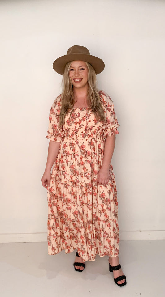 Collie Smocked Bodice Floral Print Midi Dress, Light Peach