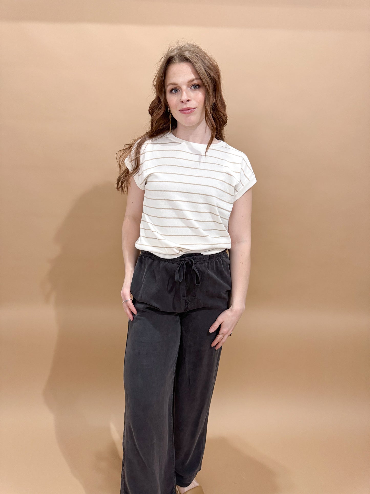 Sedona Striped Crewneck Short Sleeve Sweater, Ivory/Taupe