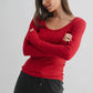 Grace Slim Fit Micro-rib Scoop Neck Long Sleeve, Garnet Red