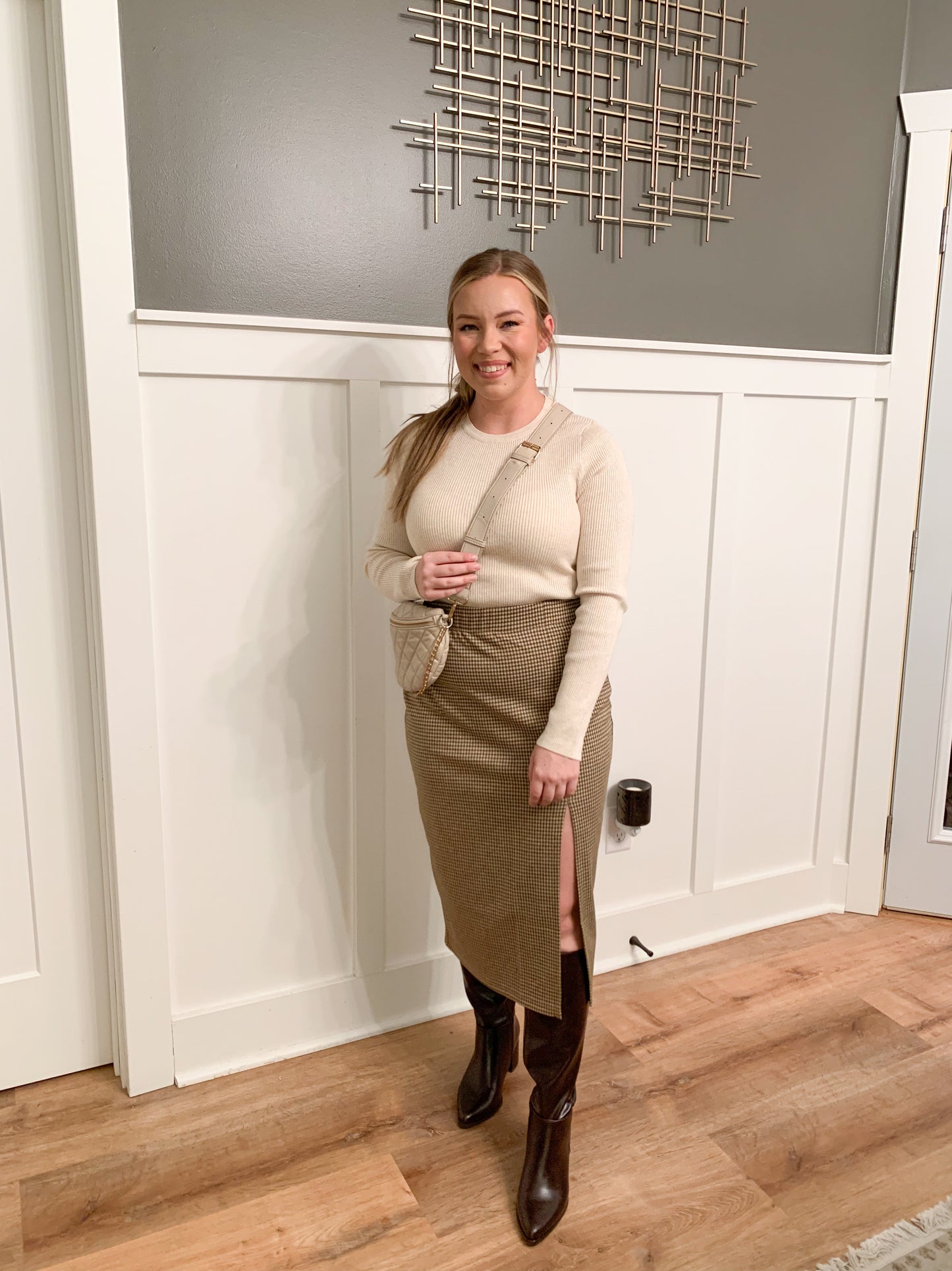 Cheyenne Gingham Print Midi Skirt, Brown