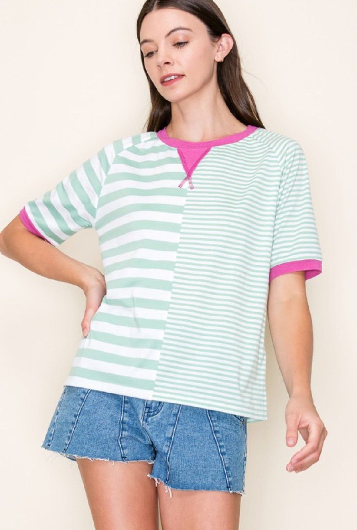 Neva Striped Color Block Half Sleeve Top, Dark Mint