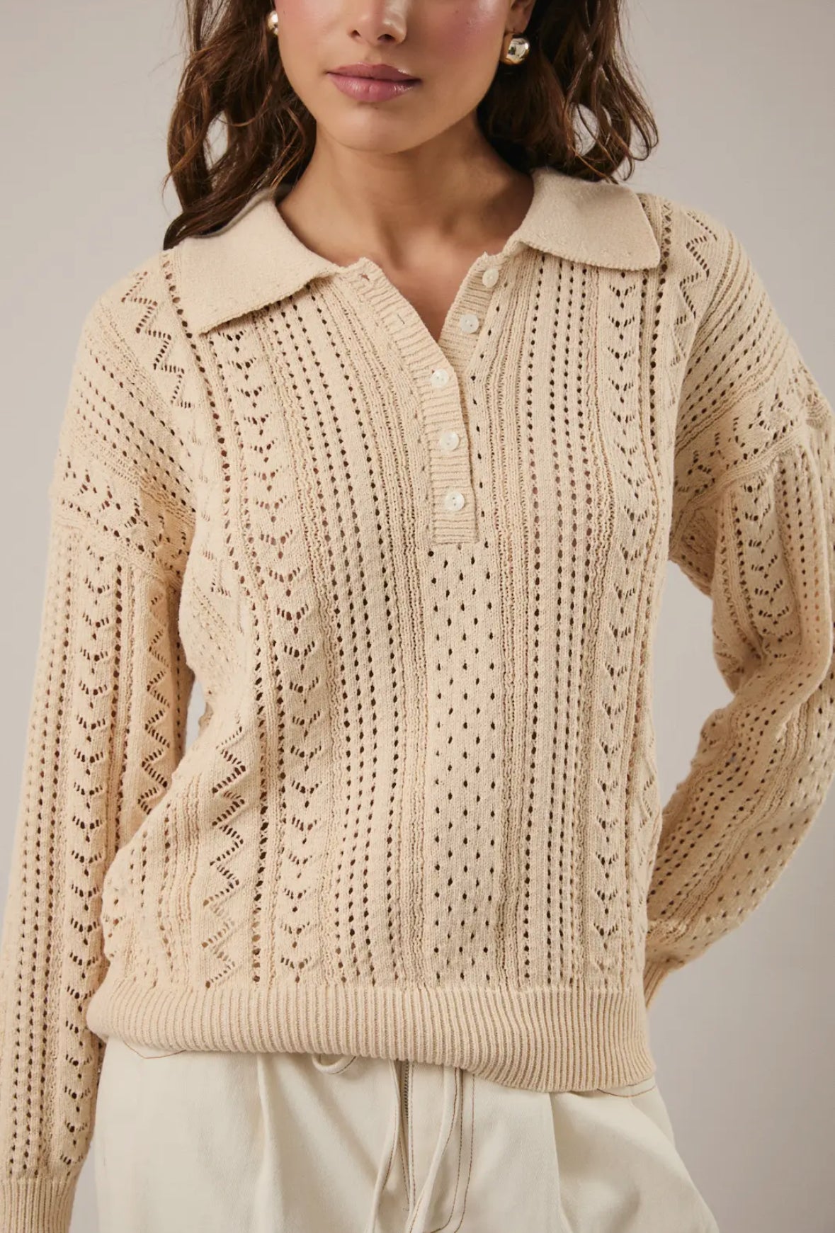 Graci Open Knit Polo Sweater, Beige