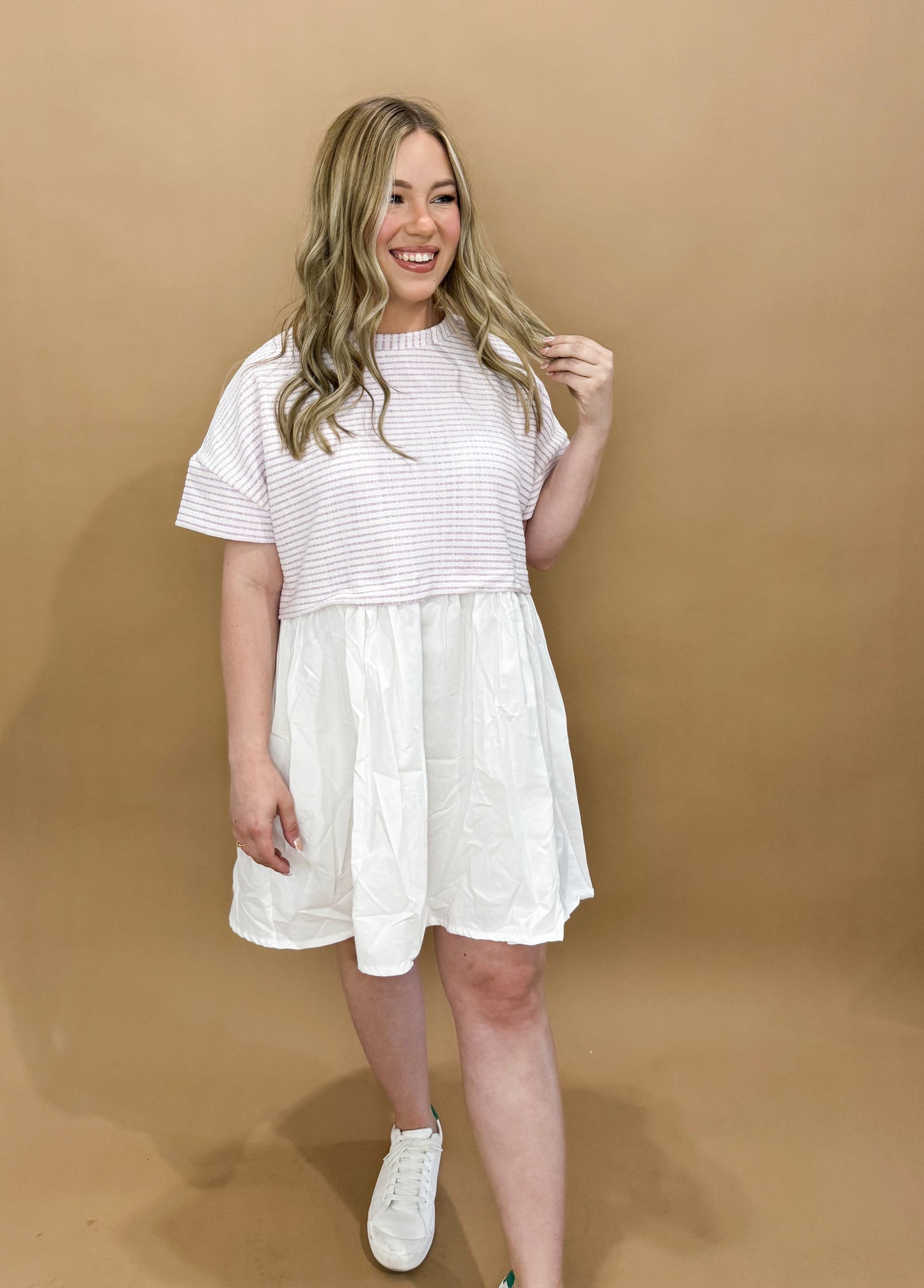 Lani Stripe Top Poplin Skirt Dress, Ivory/Lavender