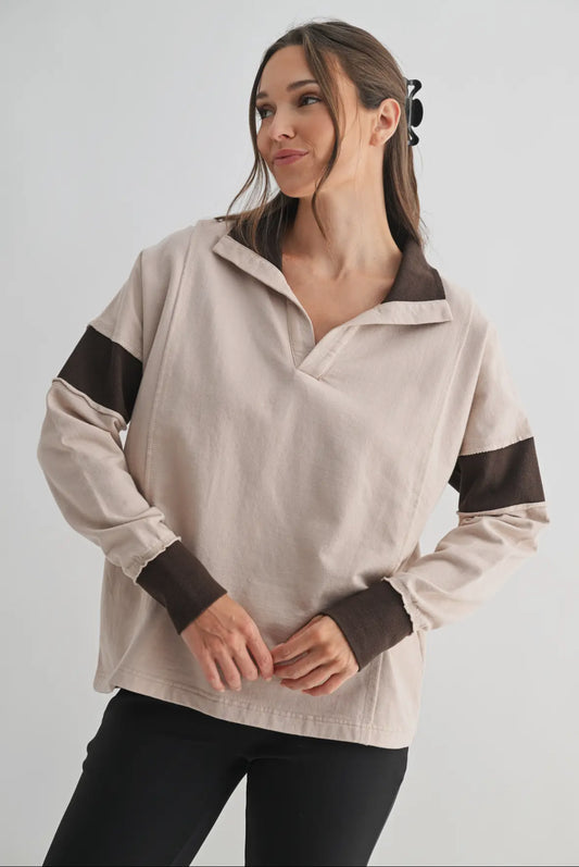 Sabre Crestline Contrast Collared Top, Mushroom / Espresso