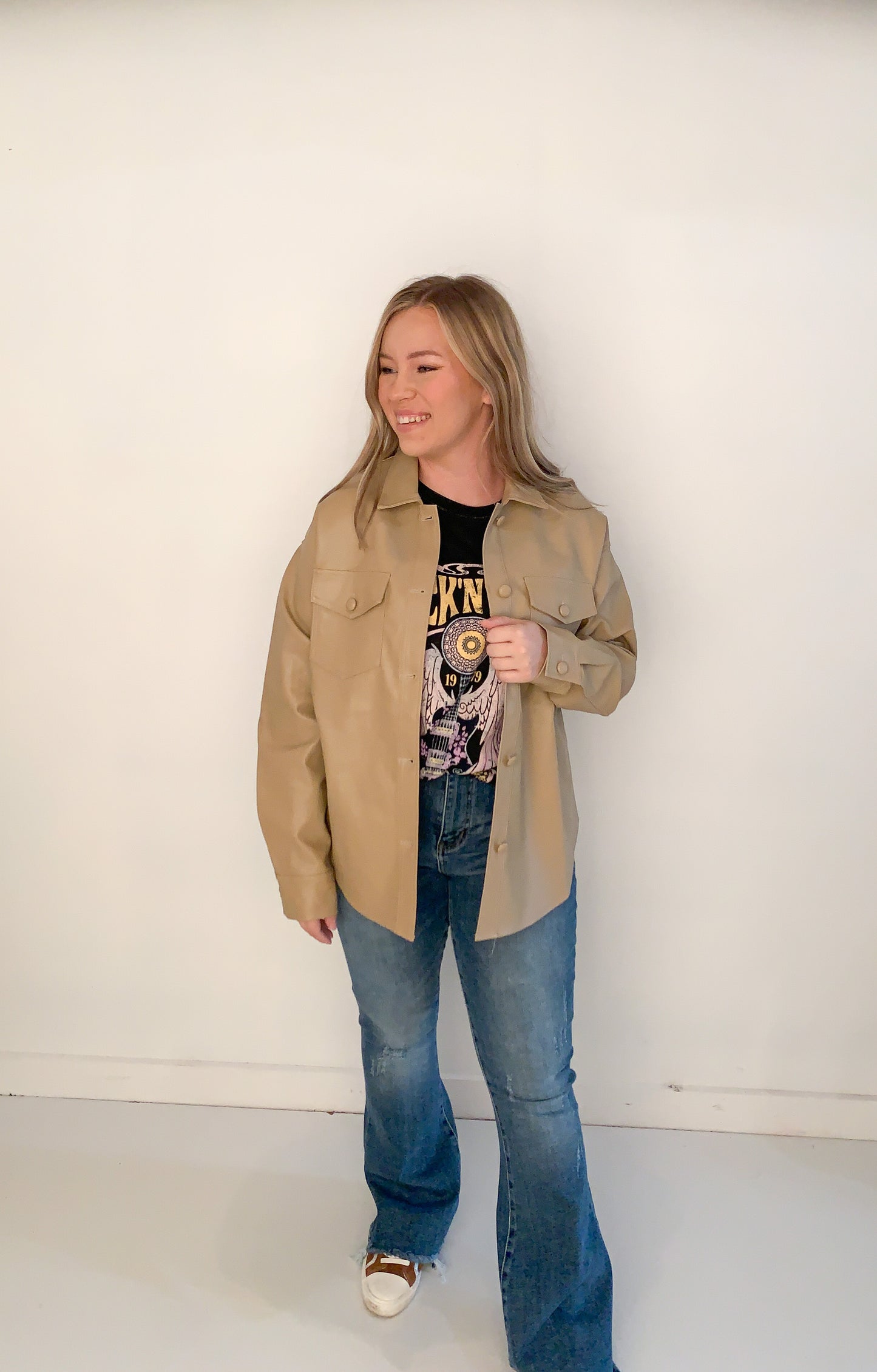 Jenni Faux Leather Shacket, Tan