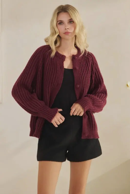 Maxine Button Up Knit Sweater, Wine