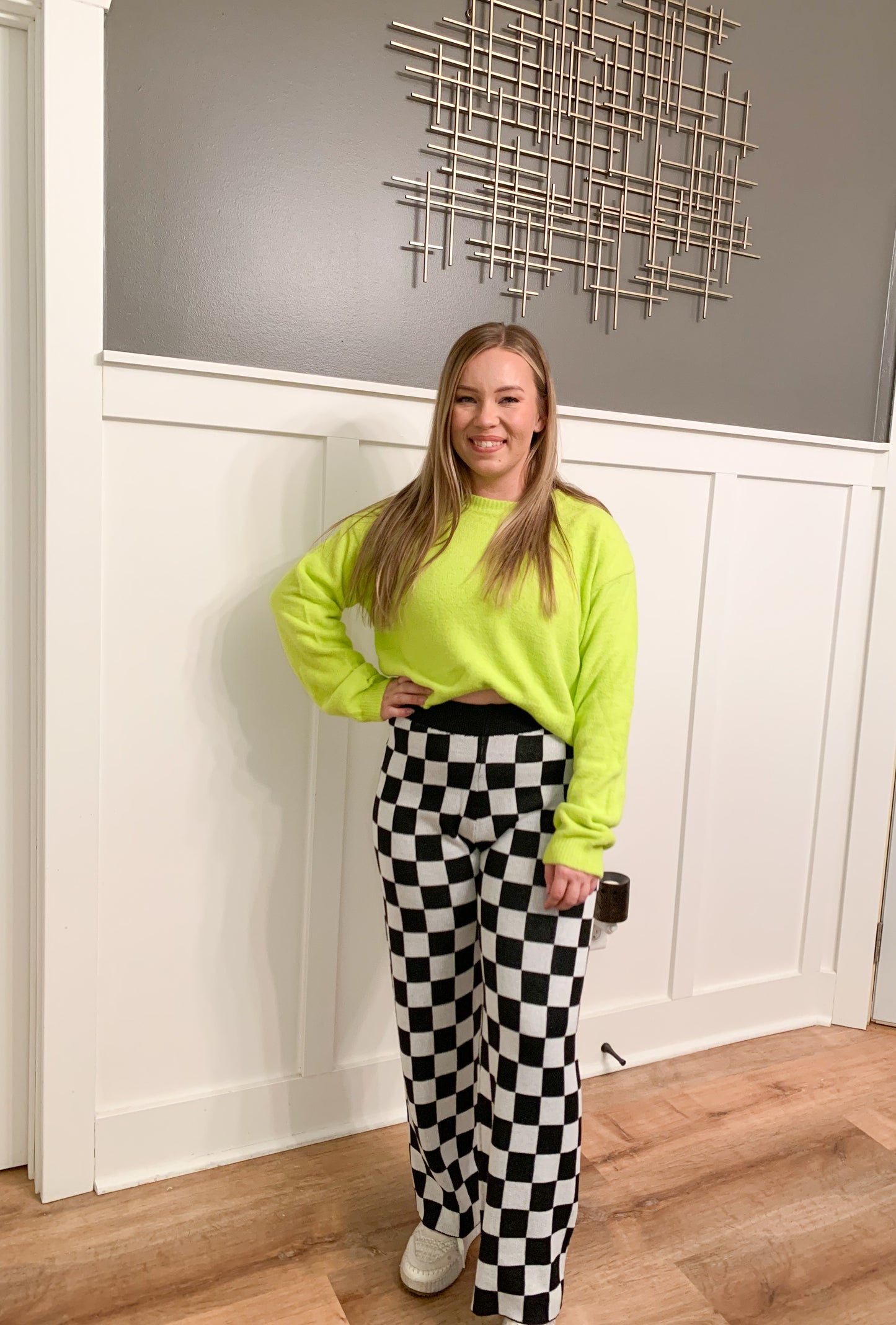 Kelse Checkered Knit Pants, Black
