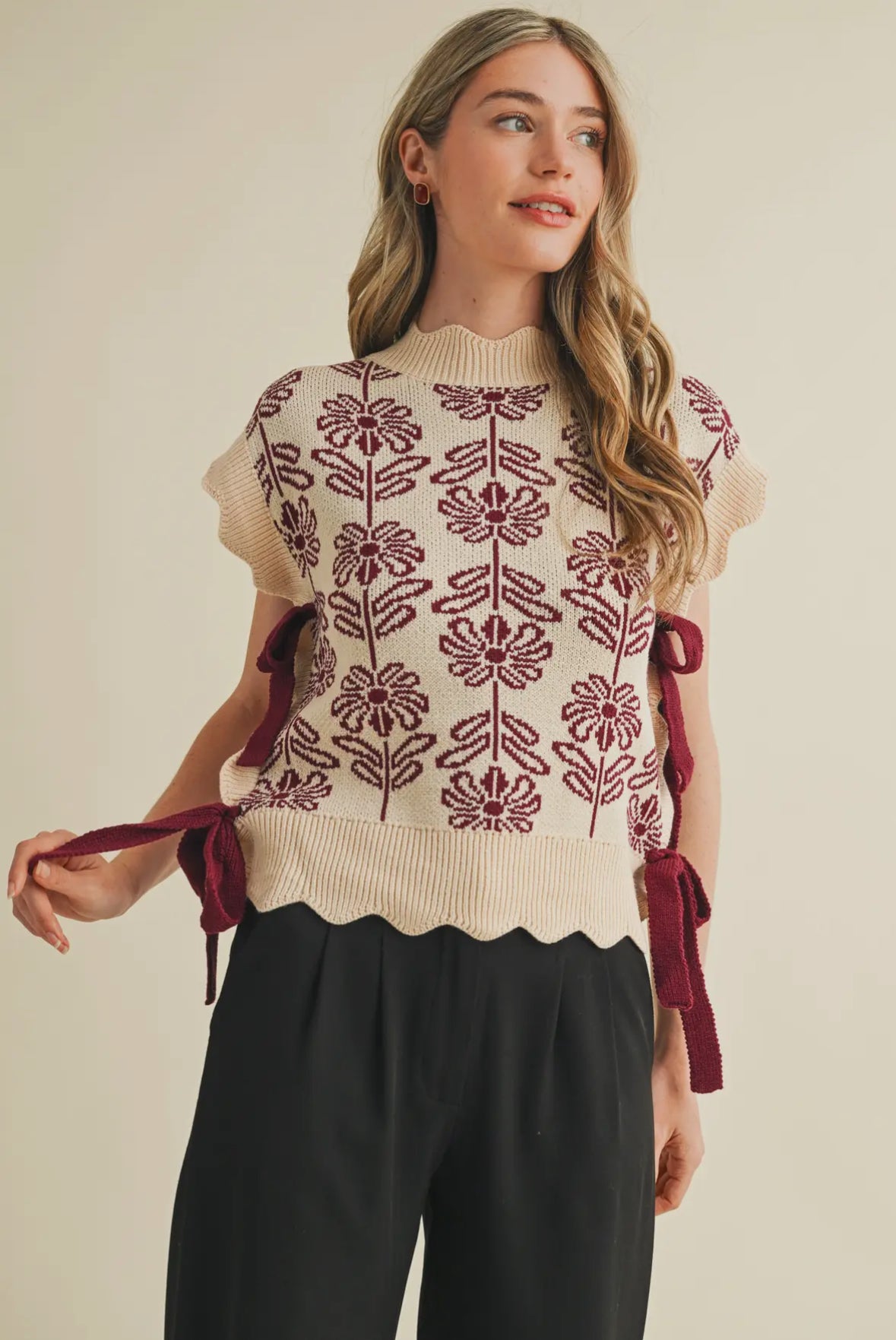 Helena Mock Neck Floral Sweater Vest, Mauve Wine