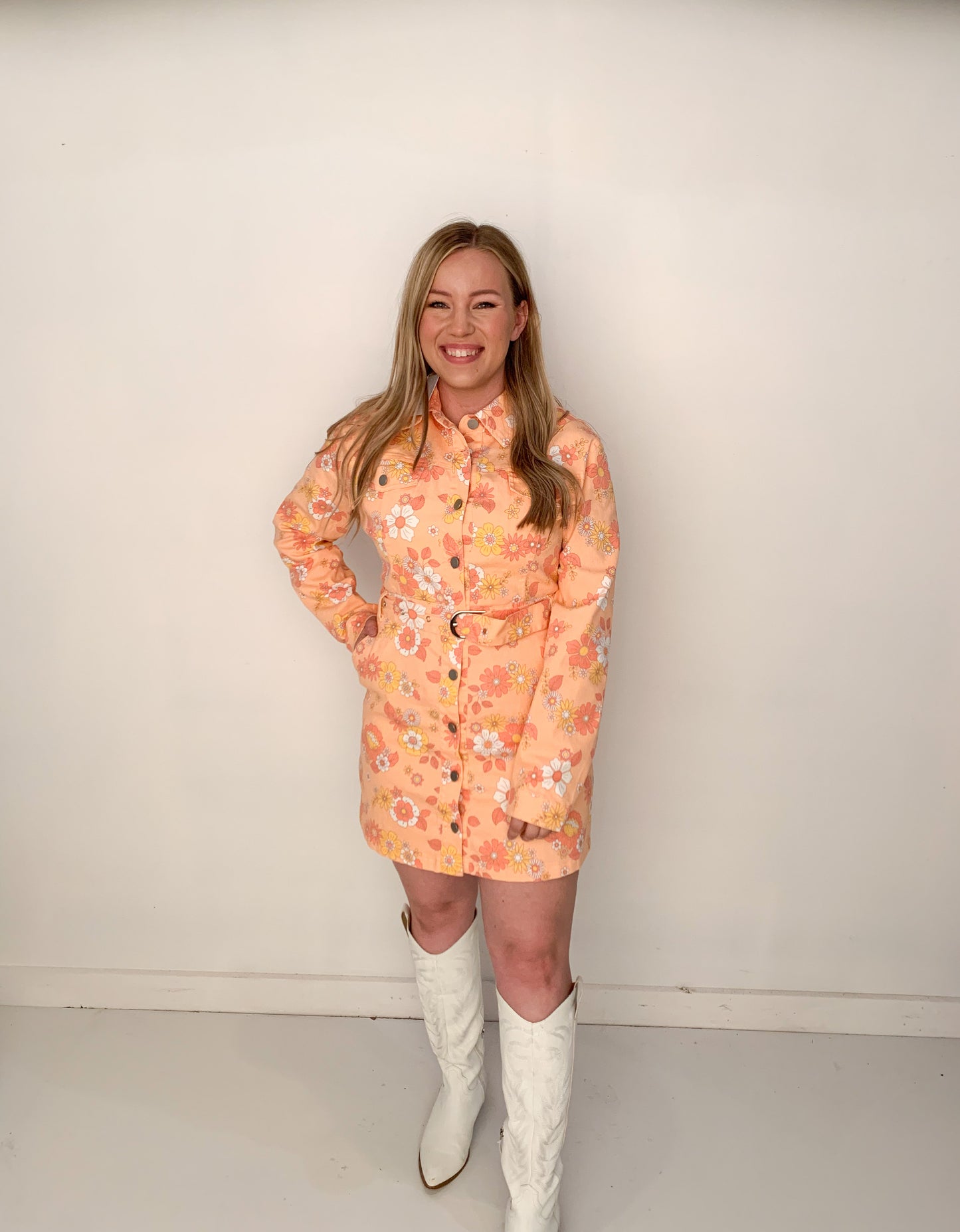 Sam Groovy Floral Print Button Up Mini Dress with Belt, Orange Multi