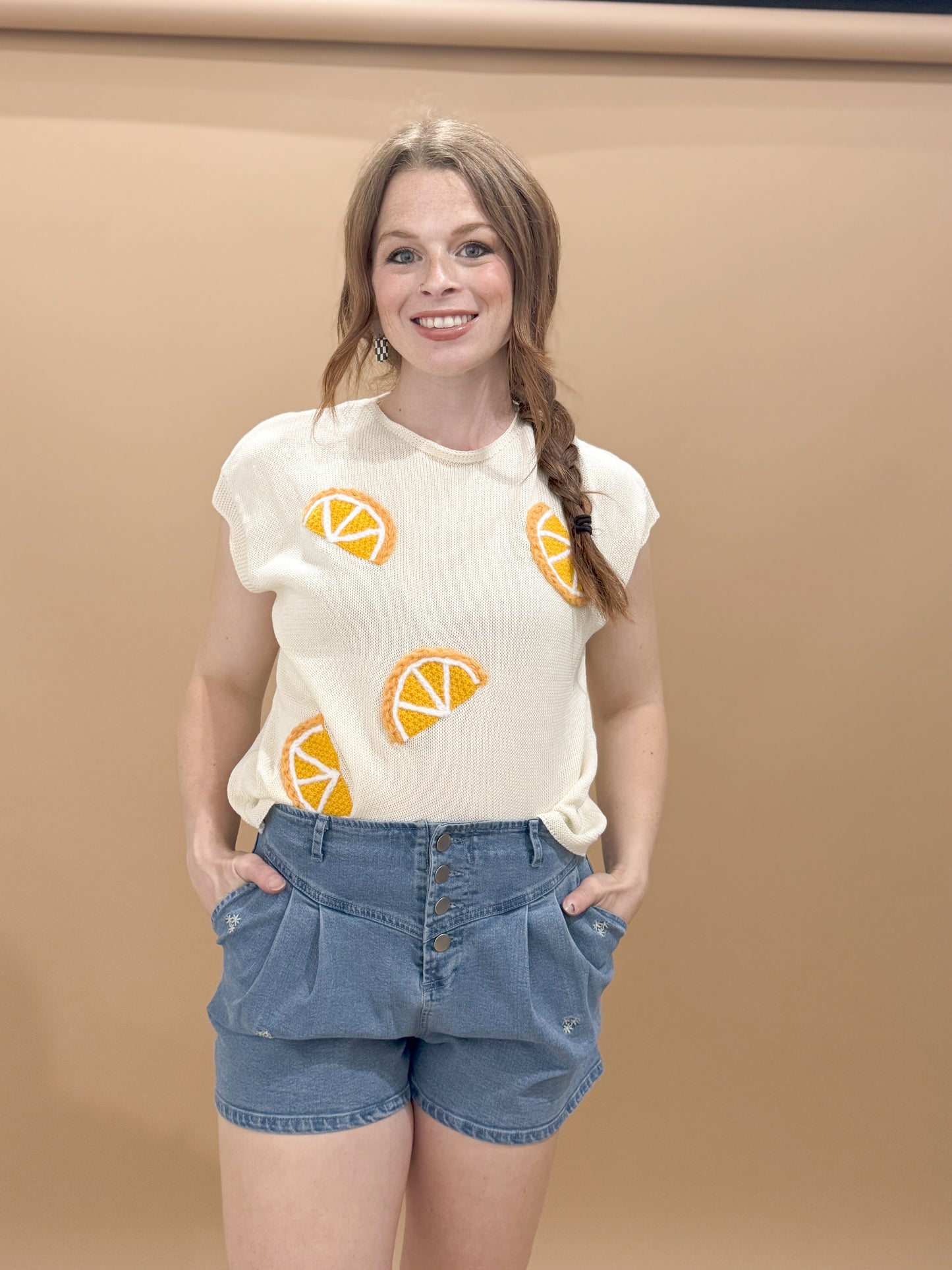 Lindy Round Neck Sleeveless Lemon Patch Knit Top, Cream