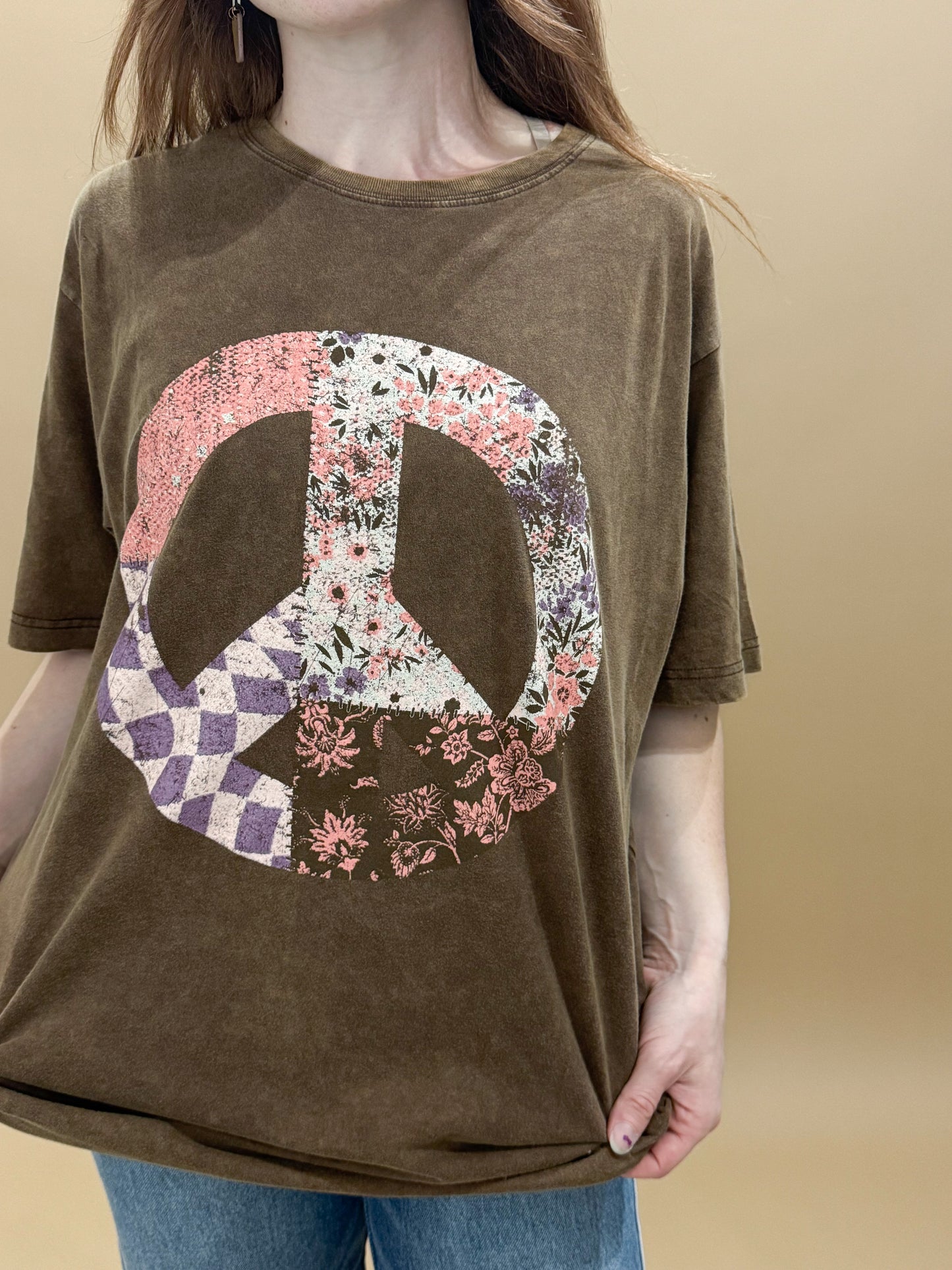 Patchwork Peace Sign Oversized Graphic Tee, Brown