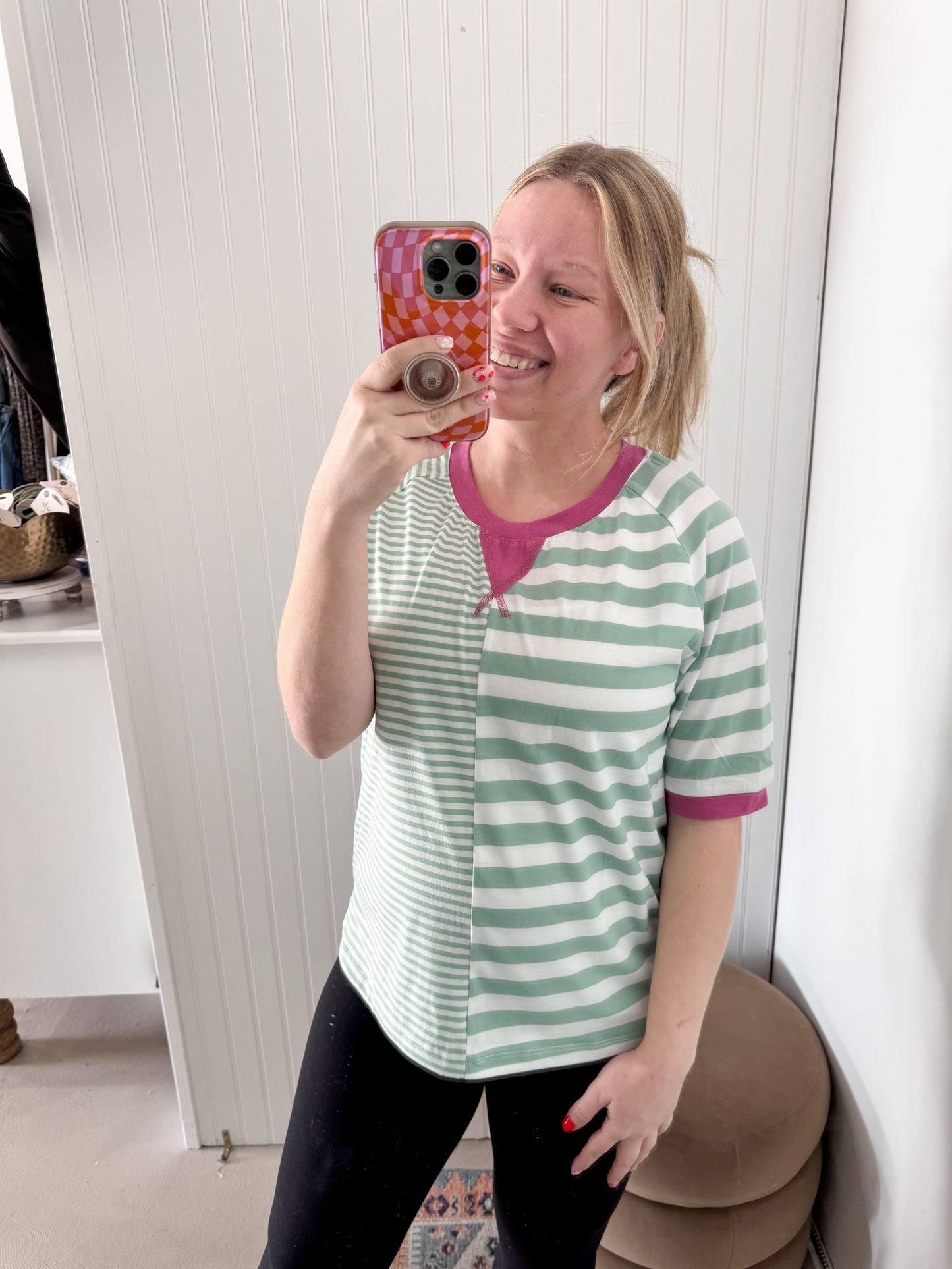 Neva Striped Color Block Half Sleeve Top, Dark Mint