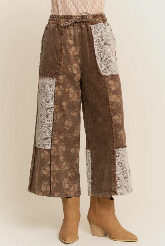 Bennie Floral Wide Leg Pants w/ Patchwork, Brown