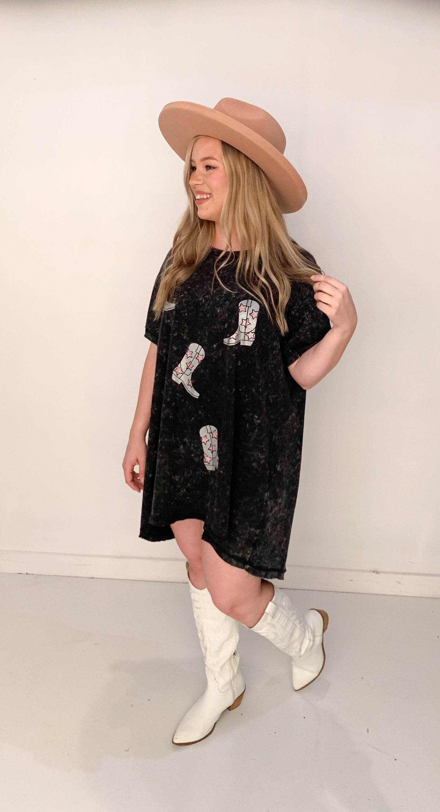 Metallic Cowboy Boot Mineral Wash Tee Shirt Dress, Black
