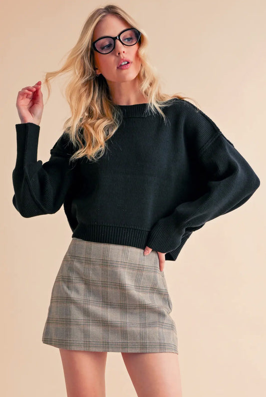Regina Pullover Cropped Boxy Sweater, Black