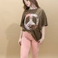 Patchwork Peace Sign Oversized Graphic Tee, Brown