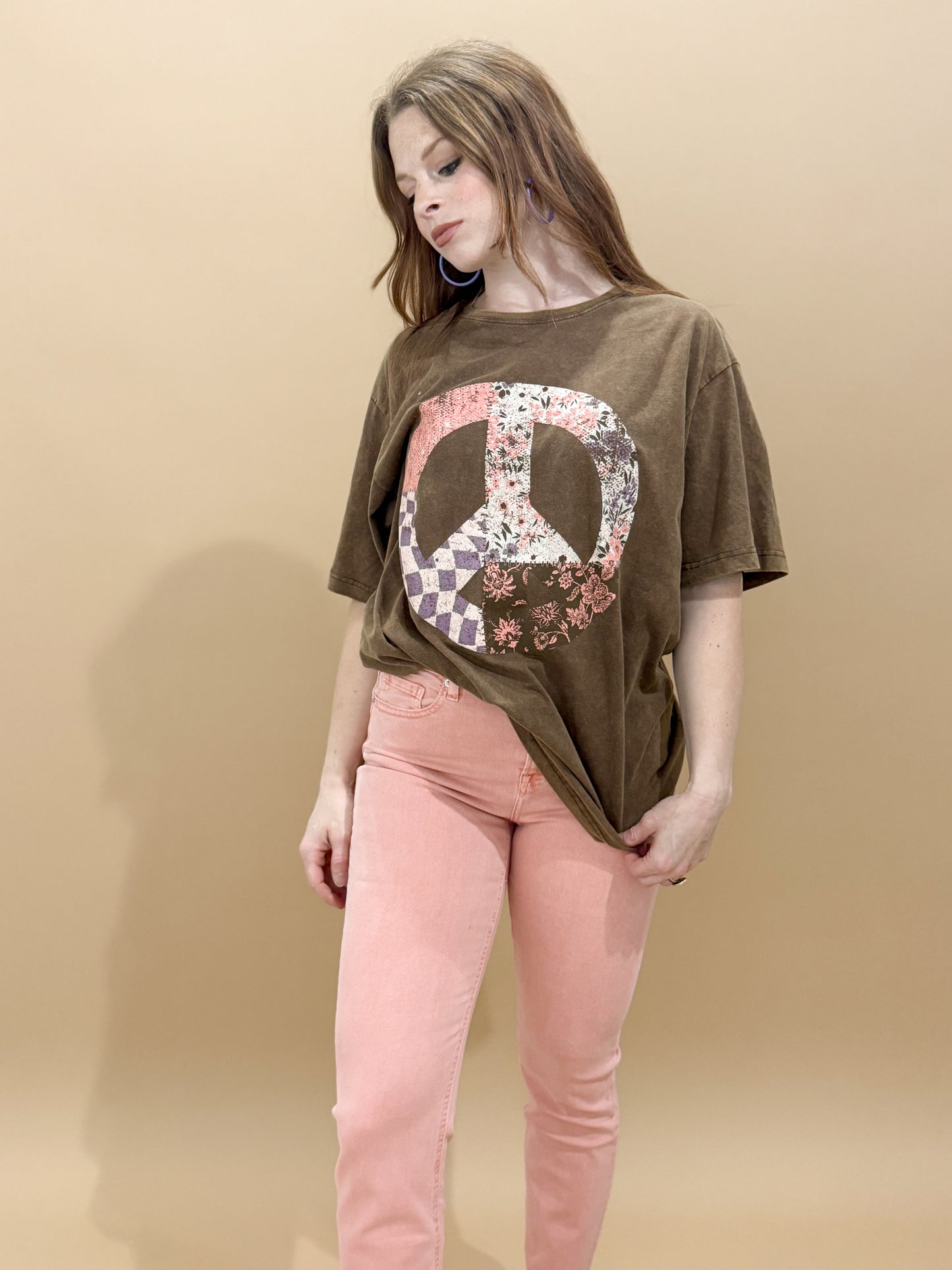 Patchwork Peace Sign Oversized Graphic Tee, Brown