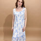 Celine Floral Smocked Sweetheart Ruffle Trim Midi Dress, Blue / White