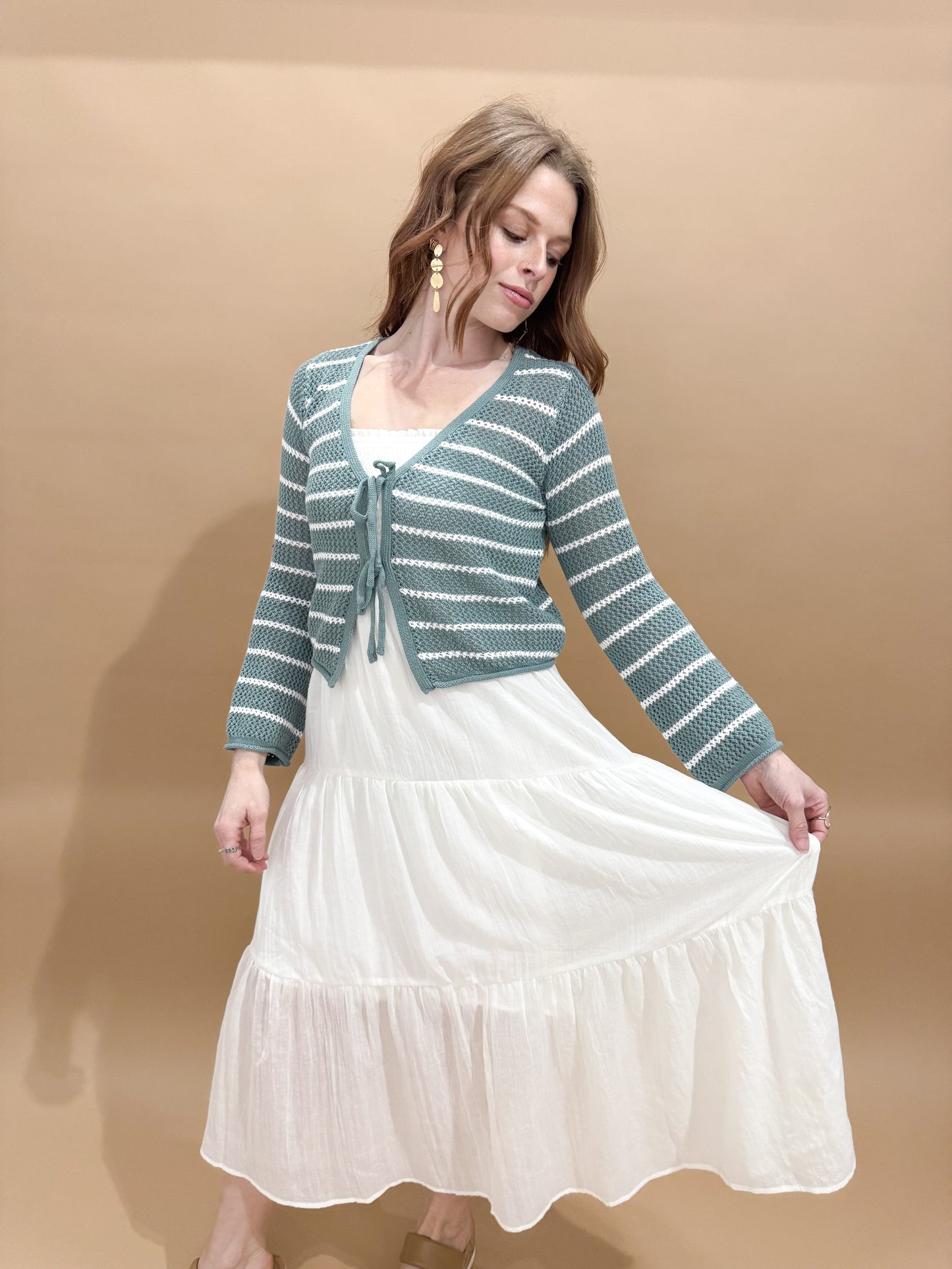 Kyleigh Lined Midi Dress with Smocked Bodice, White