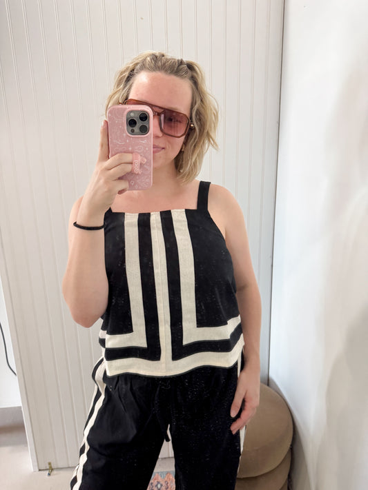 Mara Black and Cream Linen Tank