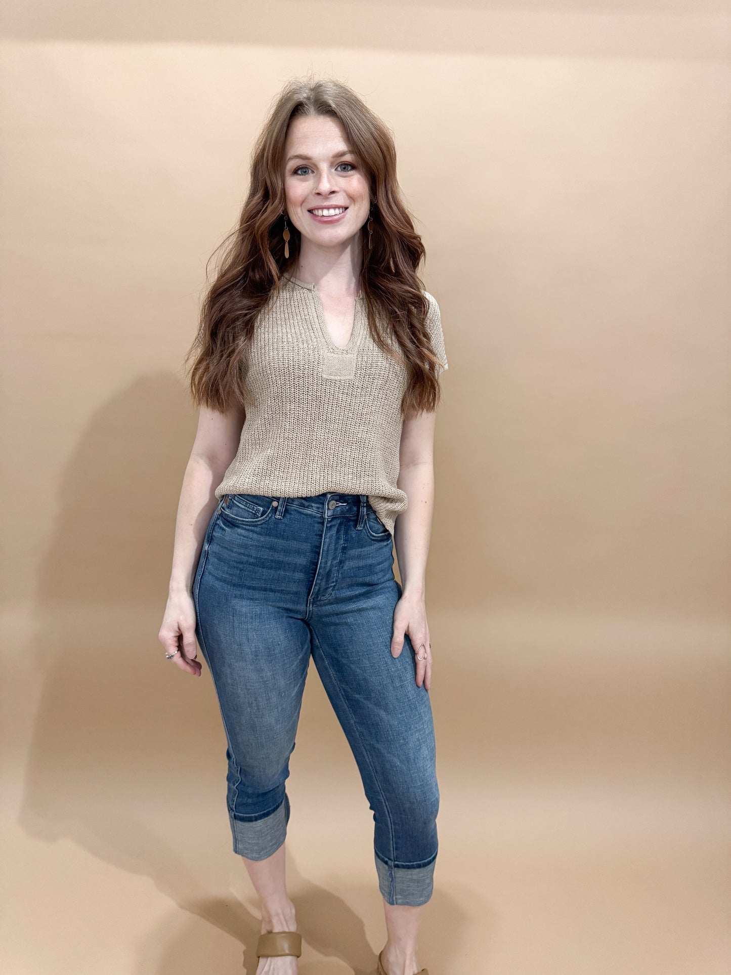 Belle Split Neck Short Sleeve Knit Pullover, Light Khaki