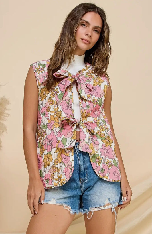 Kami Floral Quilted Vest w/ Bow Ties, Pink / Yellow