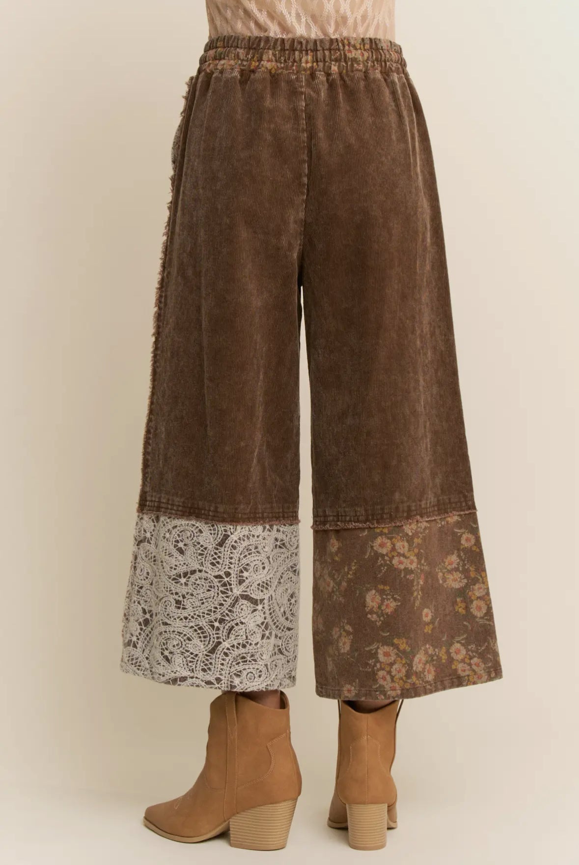 Bennie Floral Wide Leg Pants w/ Patchwork, Brown