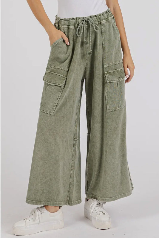 Lillian Washed French Terry Wide Leg Cargo Pants, Olive