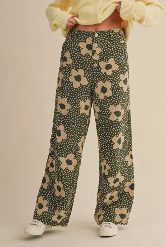 Demi Floral Print Highwaisted Pants, Olive