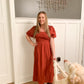 Sierra Smocked Midi Dress with Crinkle Fabric, Rust