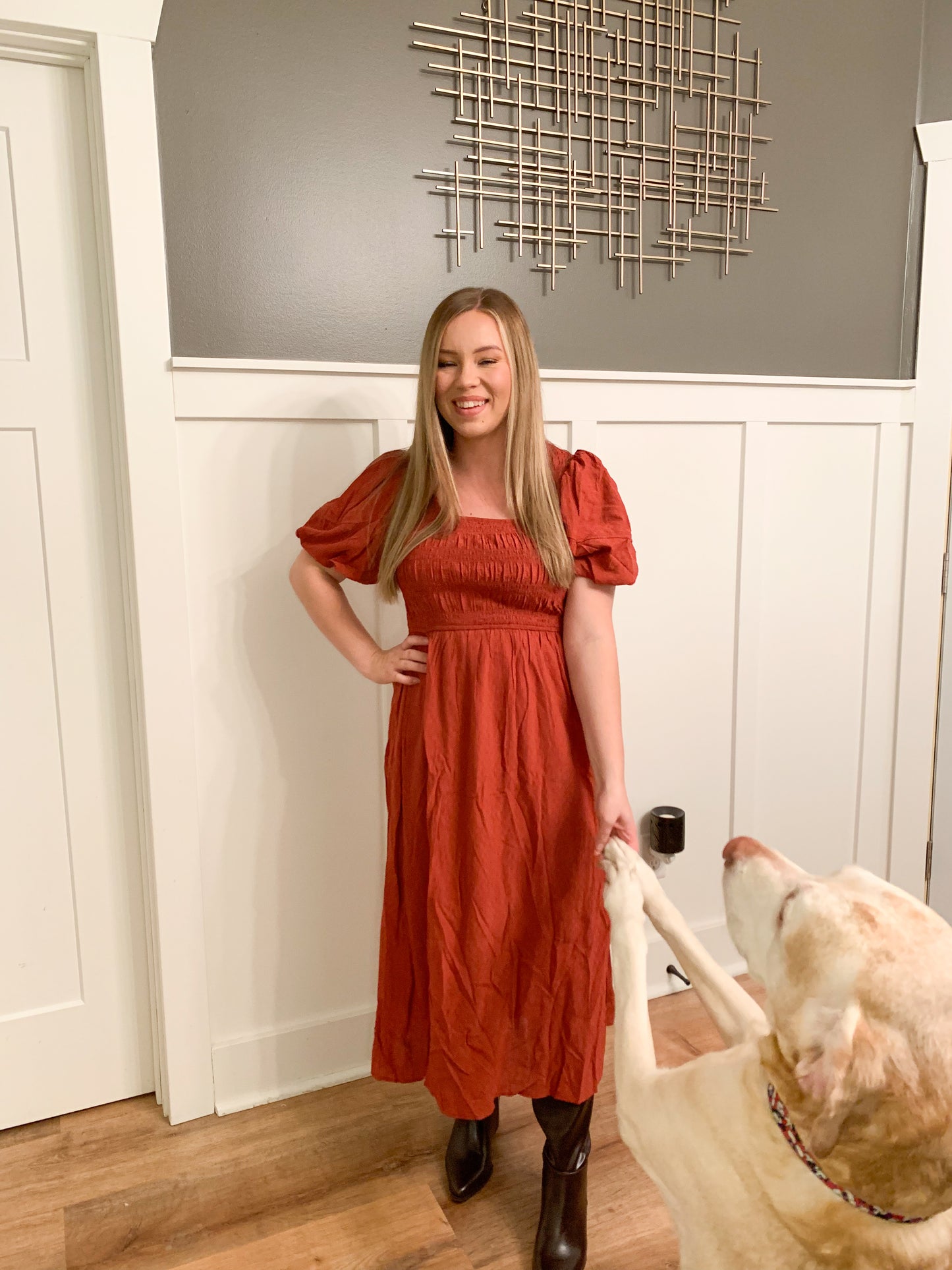 Sierra Smocked Midi Dress with Crinkle Fabric, Rust
