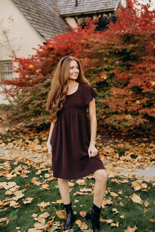 Liv Smocked Top Midi Dress, Raisin