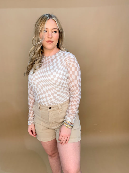 Morgan Checkered Mesh Long Sleeve Top, White/Taupe