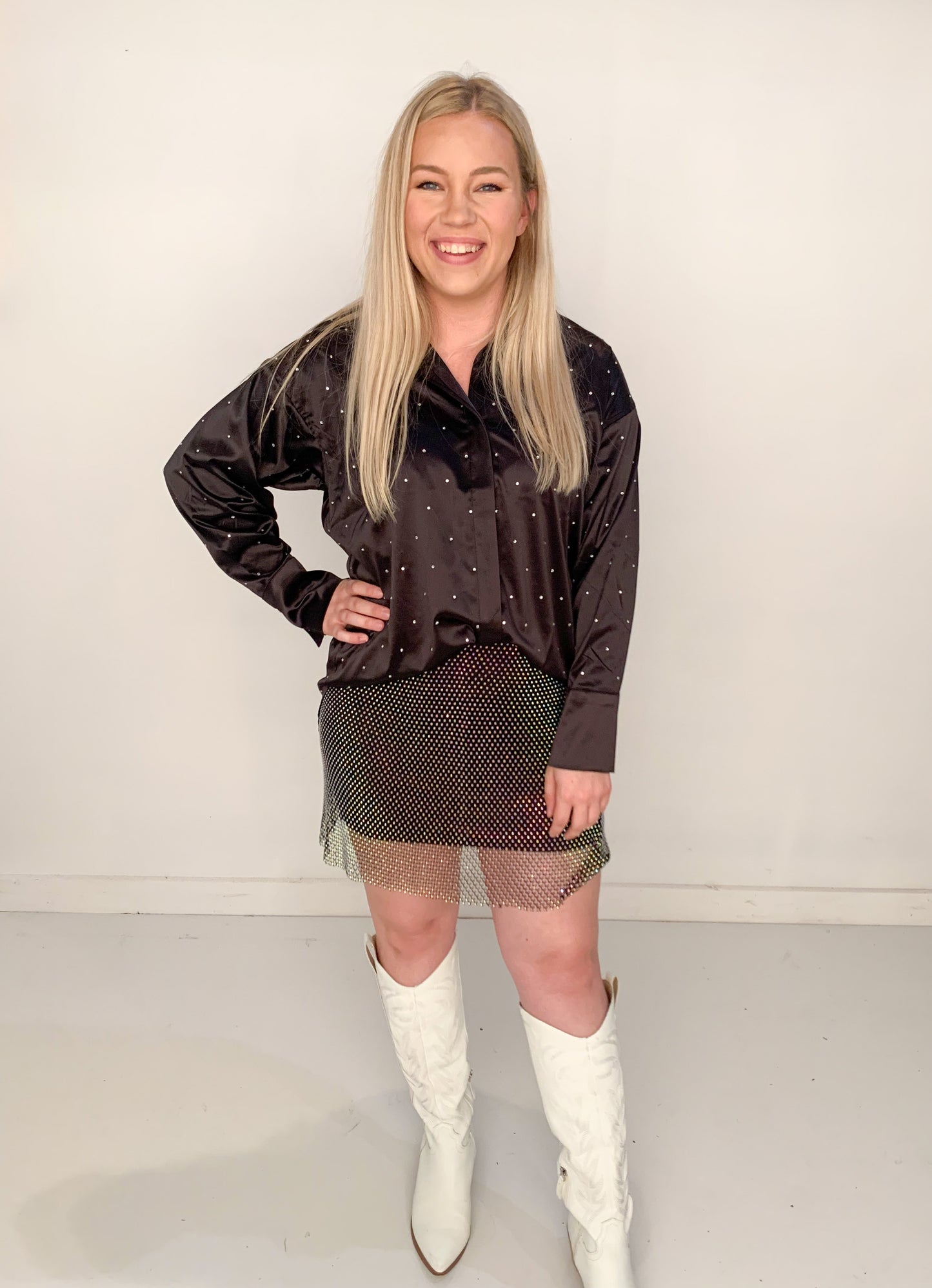 Tulsa Time Satin Rhinestone Button Up, Black