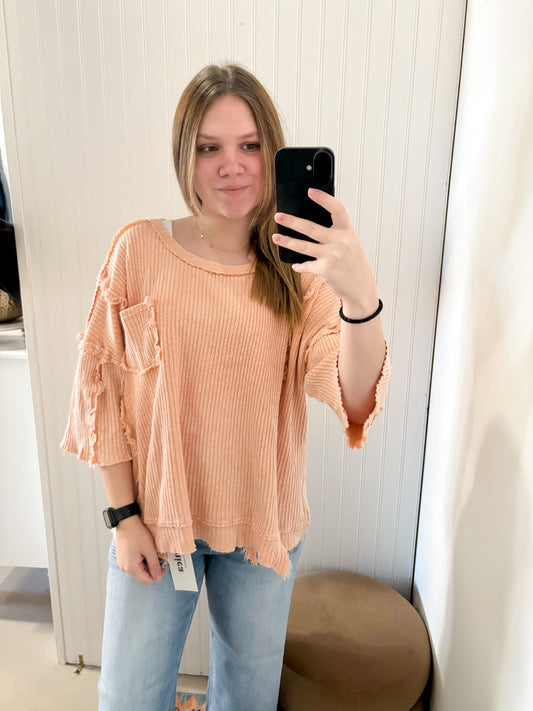 Jozey Mineral Wash Textured Rib Knit Top, Apricot