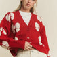 Mrs. Claus Ribbon Pattern Loose Cropped Cardigan, Red