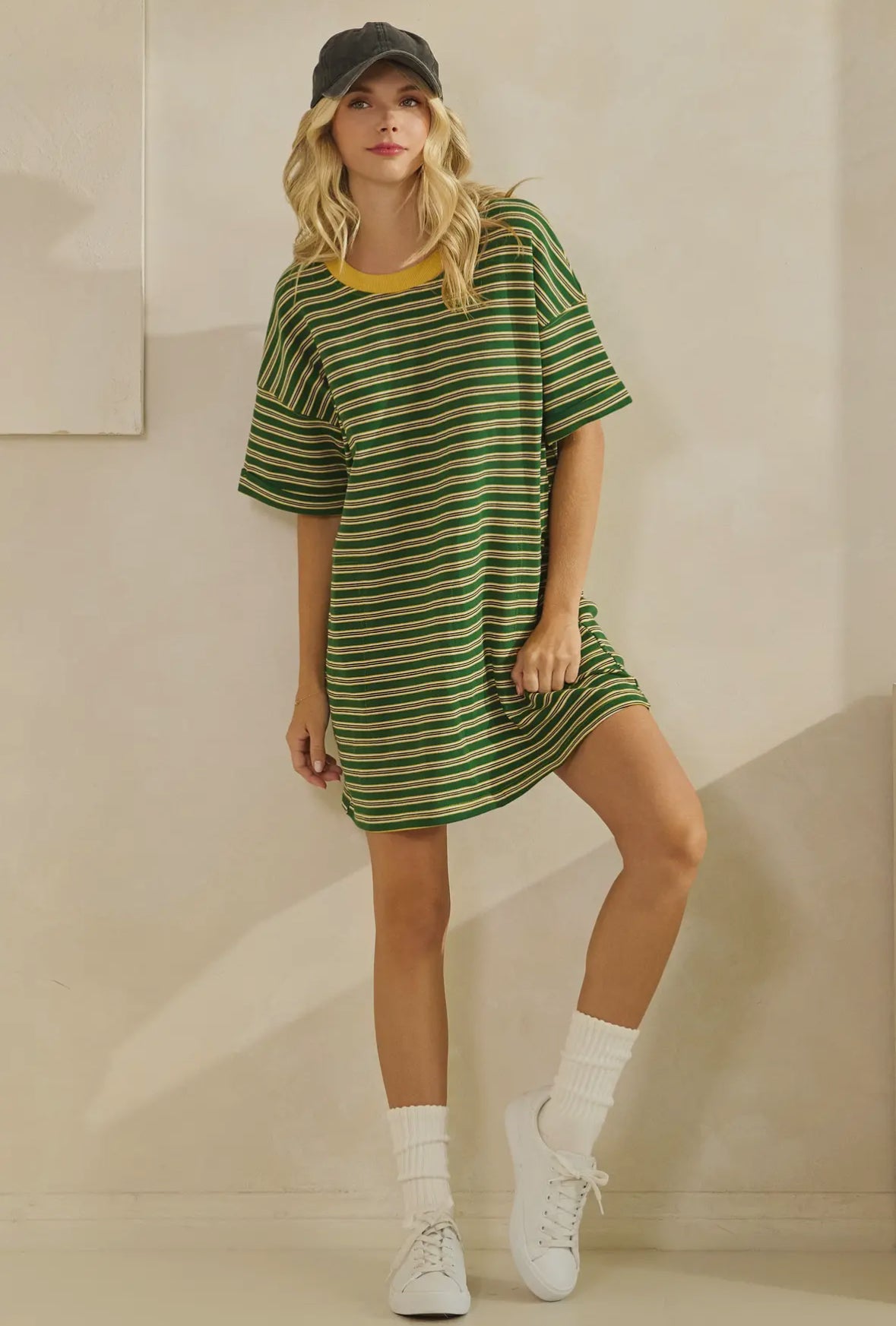 Sophie Striped T-Shirt Dress, Green / Yellow