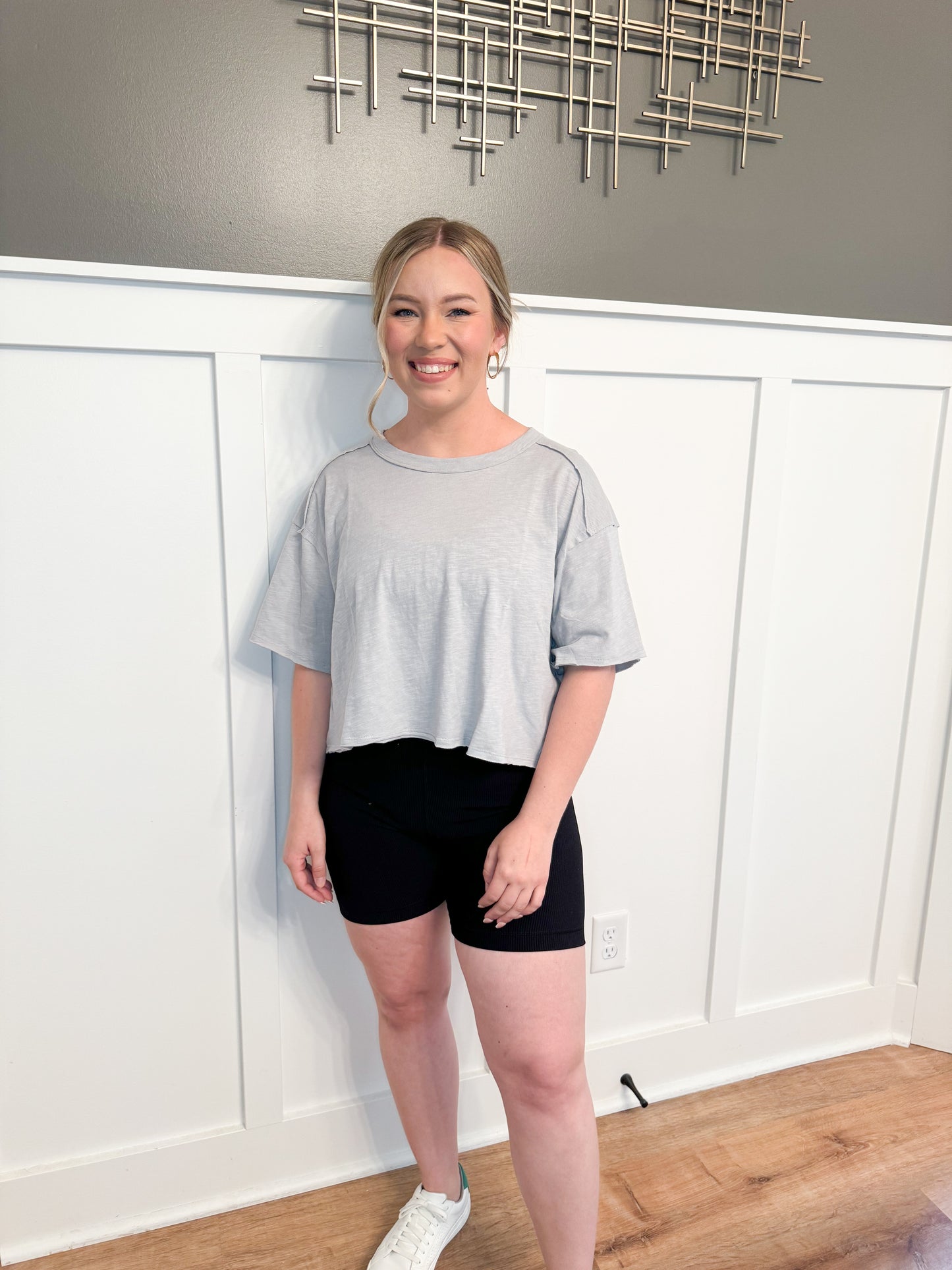Rizzo Cotton Slub Cropped Tee, Light Grey