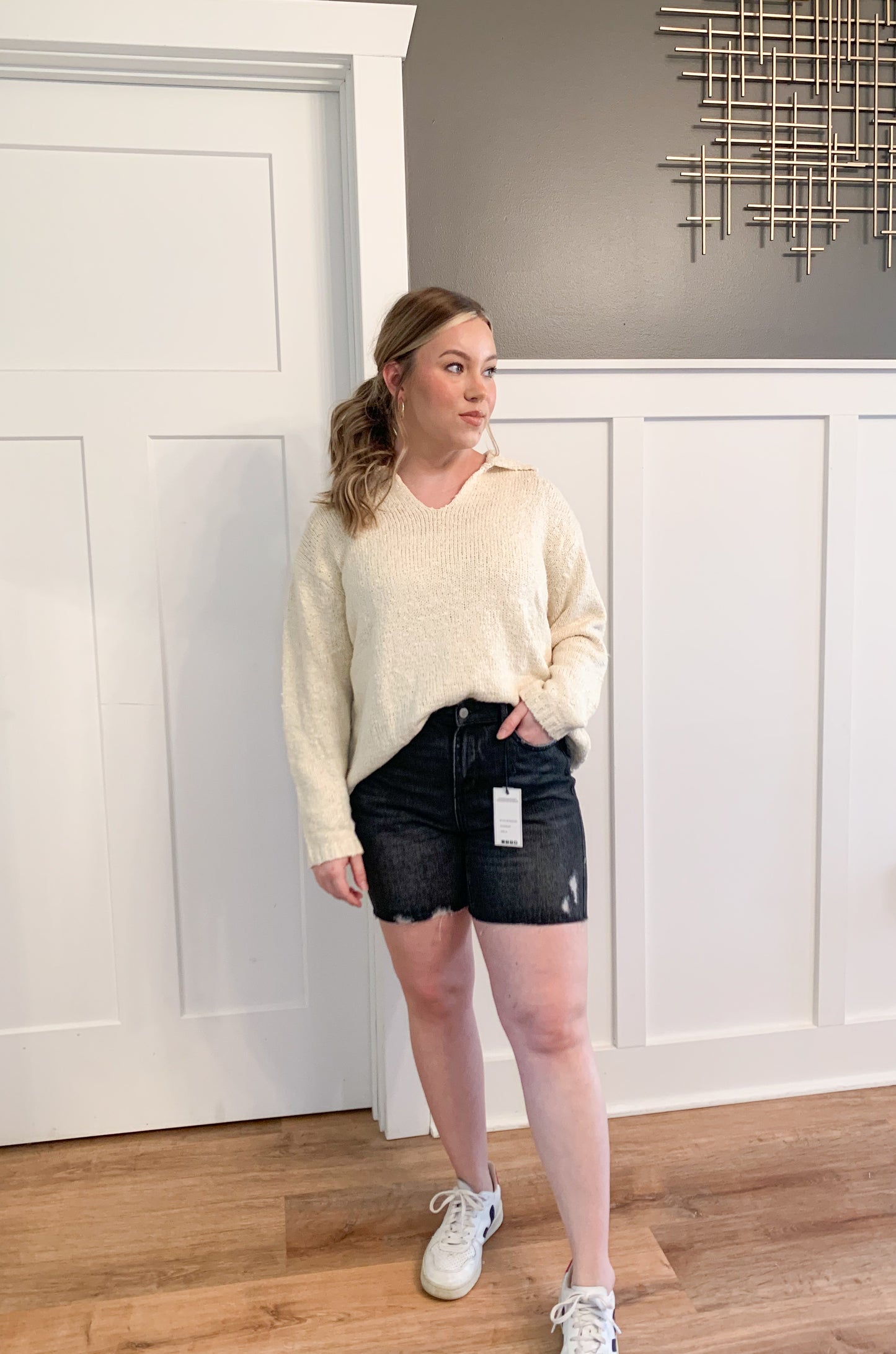 Sia Knit Collared Sweater, Cream