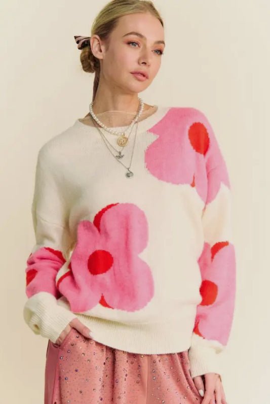 Ginny Floral Round Neck Loose Fit Sweater, Cream / Pink