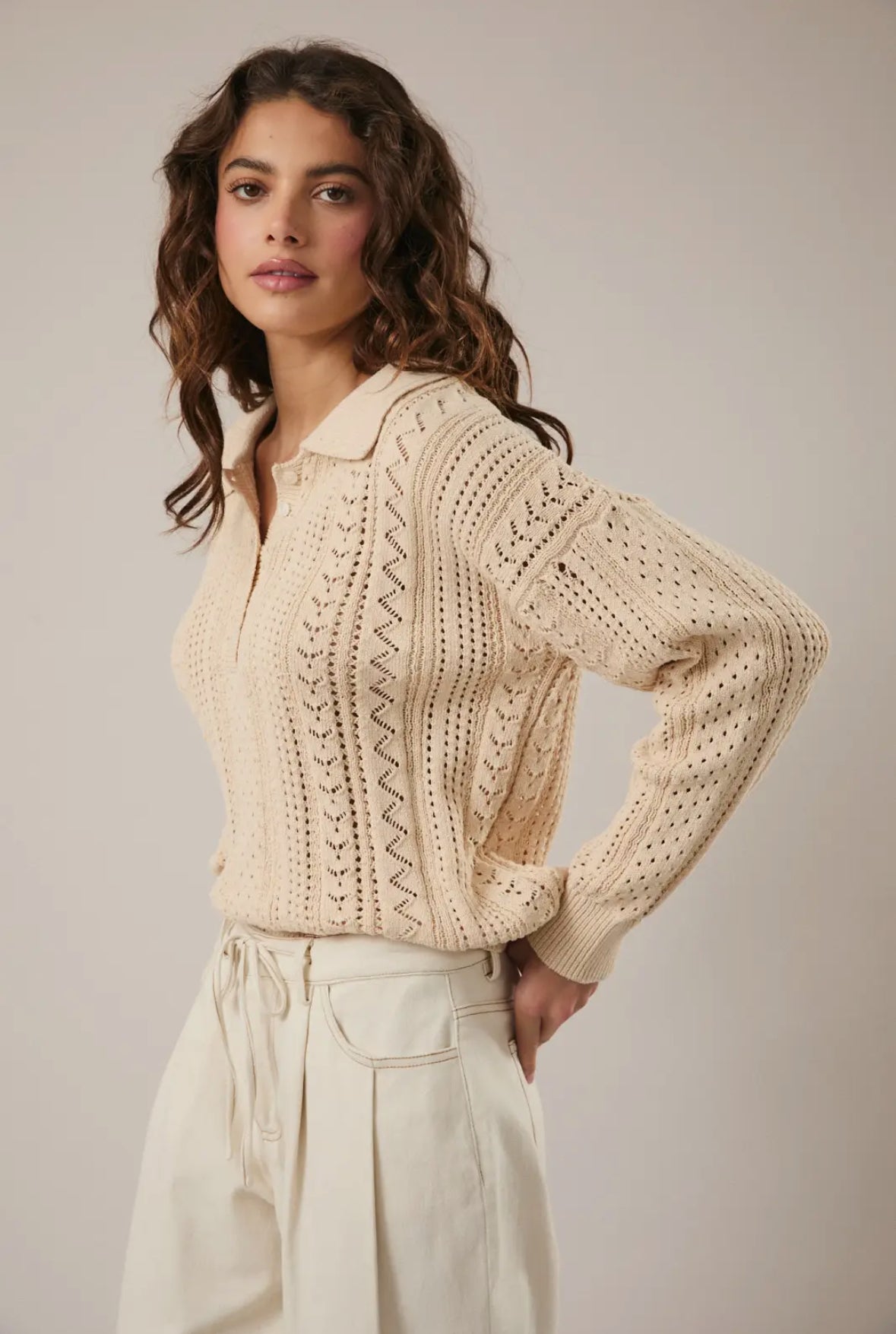 Graci Open Knit Polo Sweater, Beige