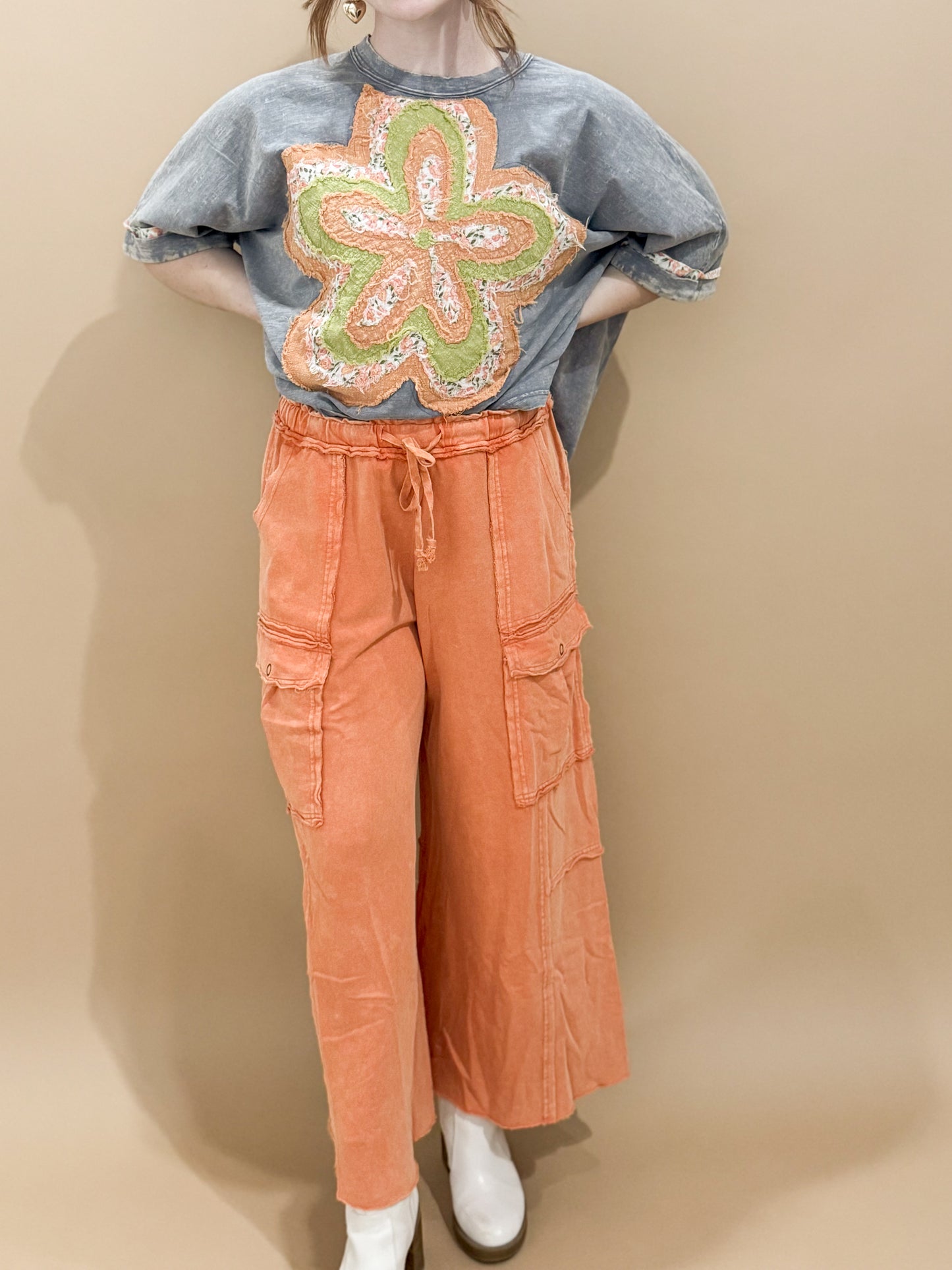 Finleigh Mineral Washed Wide Leg Cargo Lounge Pants, Faded Rust