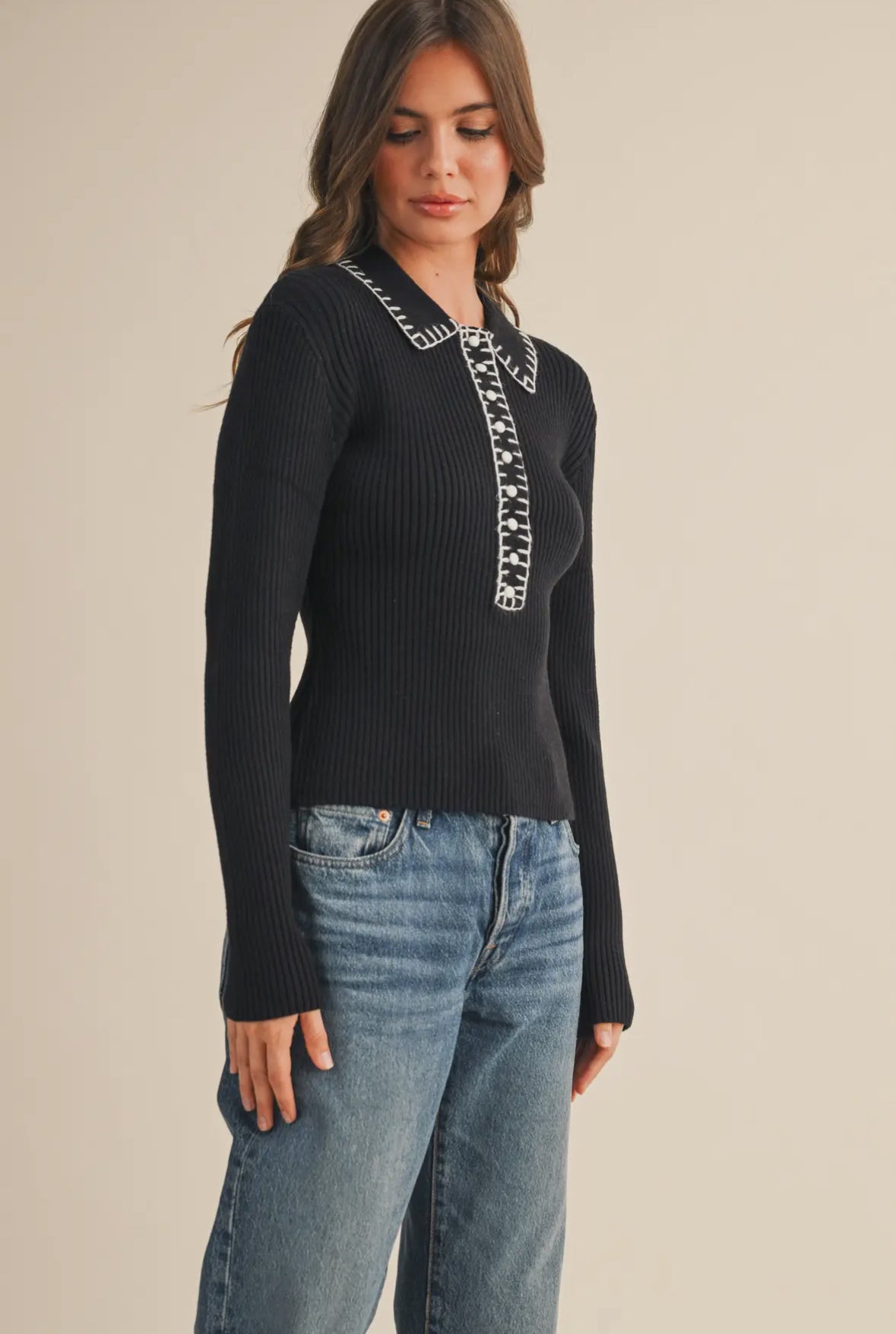 London Contrast Stitch Collared Sweater, Black / Ivory
