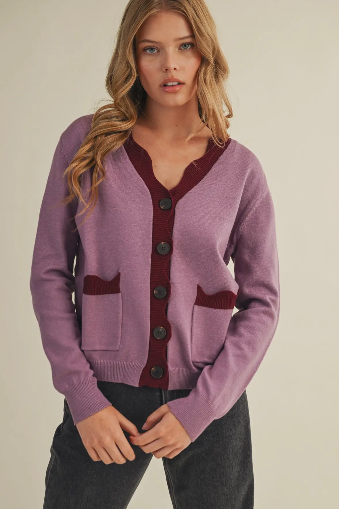 Danica Scalloped Button Cardigan, Mauve / Burgundy