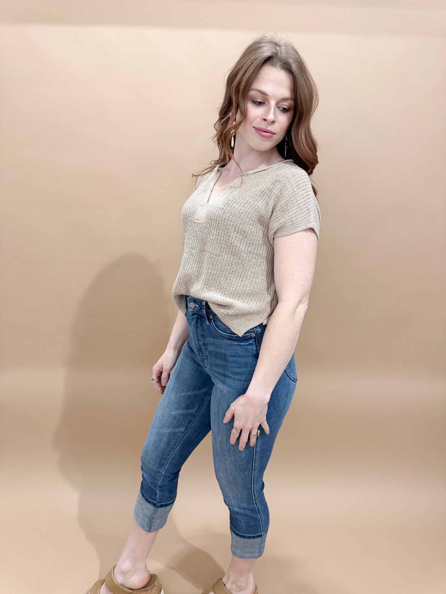 Belle Split Neck Short Sleeve Knit Pullover, Light Khaki