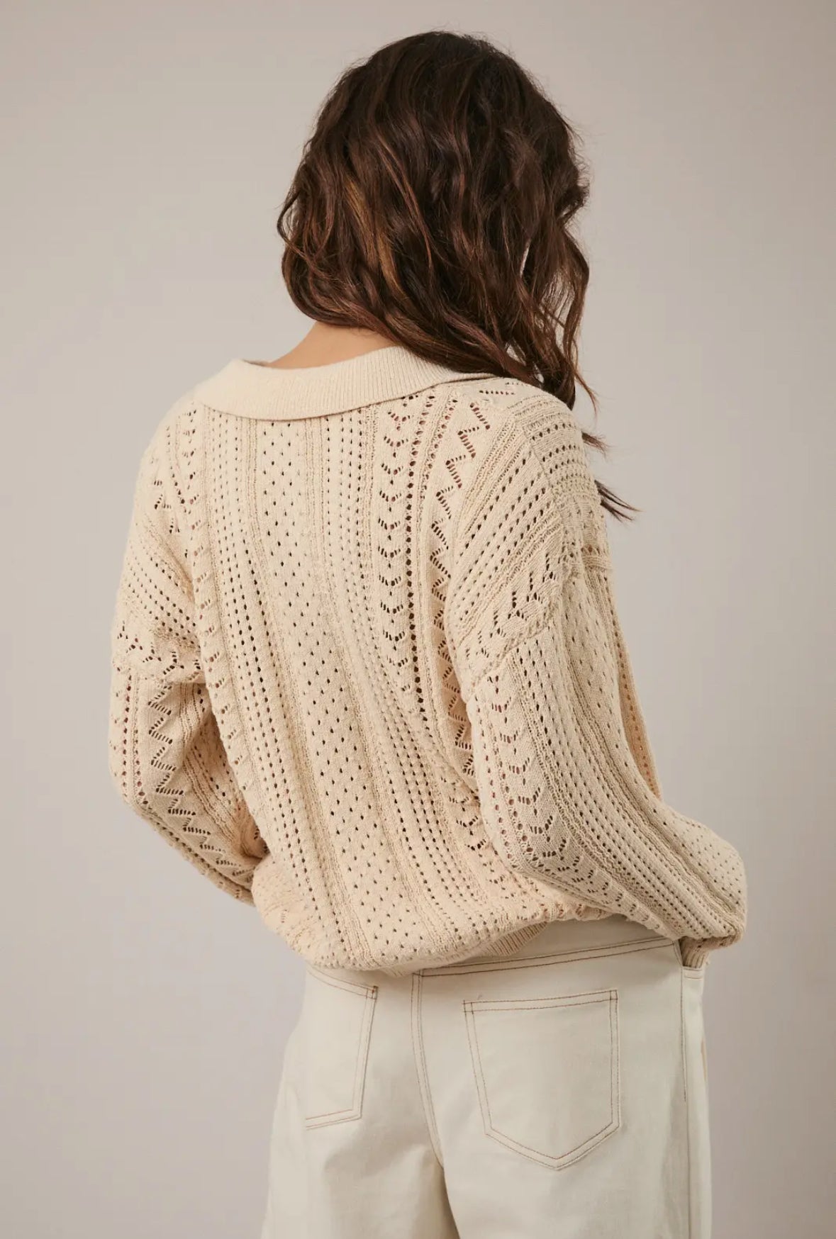 Graci Open Knit Polo Sweater, Beige